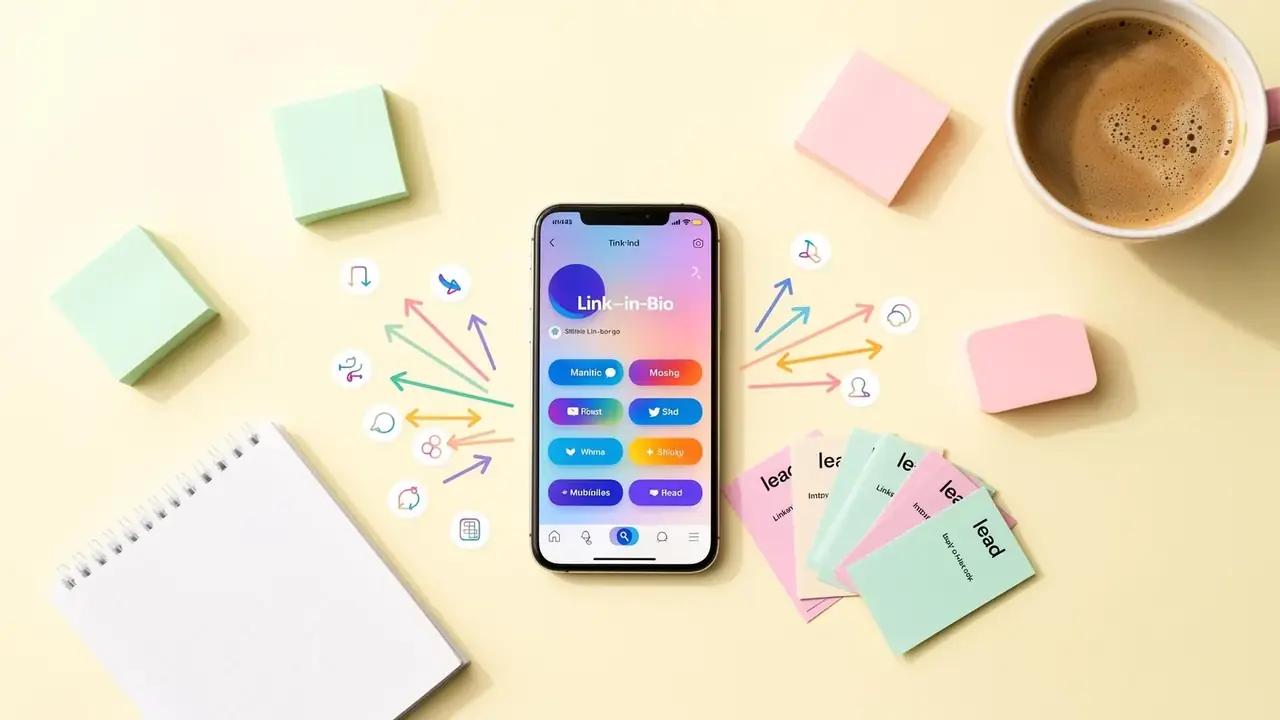 Smartphone in the center of a desk showing a link in bio page with multiple colorful link buttons, surrounded by arrow icons fanning out and pastel sticky notes representing leads