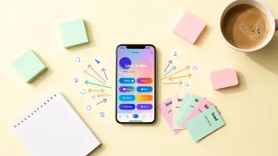 Smartphone in the center of a desk showing a link in bio page with multiple colorful link buttons, surrounded by arrow icons fanning out and pastel sticky notes representing leads