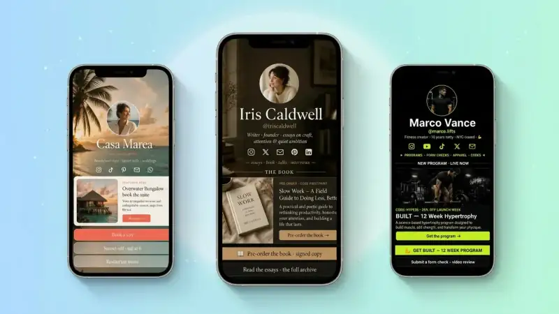 Soft pastel illustration of a single glowing smartphone showing a clean link-in-bio page with colorful buttons, with translucent old webpages dissolving into sparkles and friendly AI chat bubbles floating around it