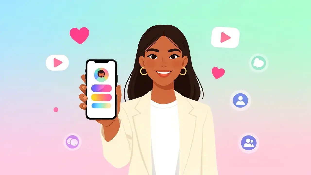 Smiling content creator holding a phone showing a colorful MiniMyWay link-in-bio profile with floating heart and follower icons