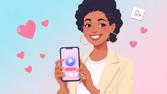 Smiling content creator holding a phone showing a colorful MiniMyWay link-in-bio profile with floating heart and follower icons