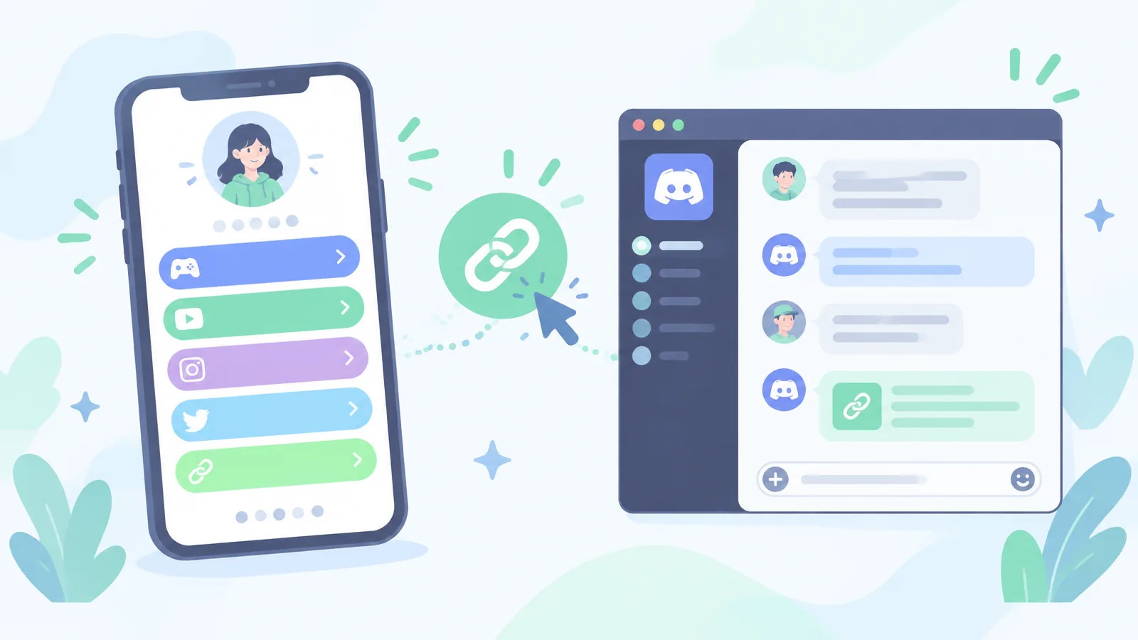 Soft pastel illustration of a phone showing a link-in-bio page with colorful buttons next to a Discord-style chat window, joined by a glowing clickable link icon
