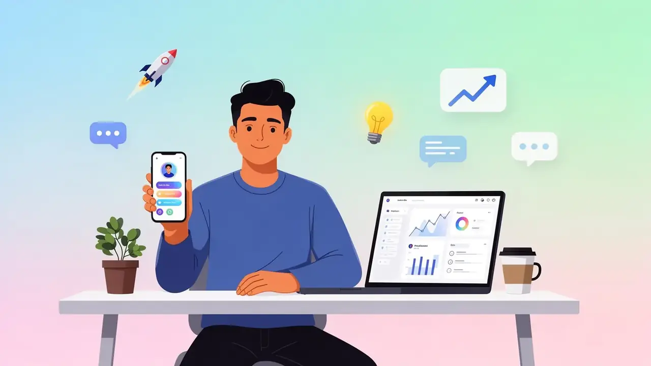 Young entrepreneur at a clean desk holding a phone showing a colorful MiniMyWay profile with rocket, lightbulb, and growth chart icons floating around