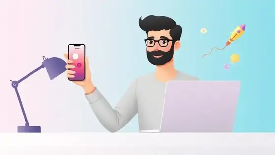 Young entrepreneur at a clean desk holding a phone showing a colorful MiniMyWay profile with rocket, lightbulb, and growth chart icons floating around