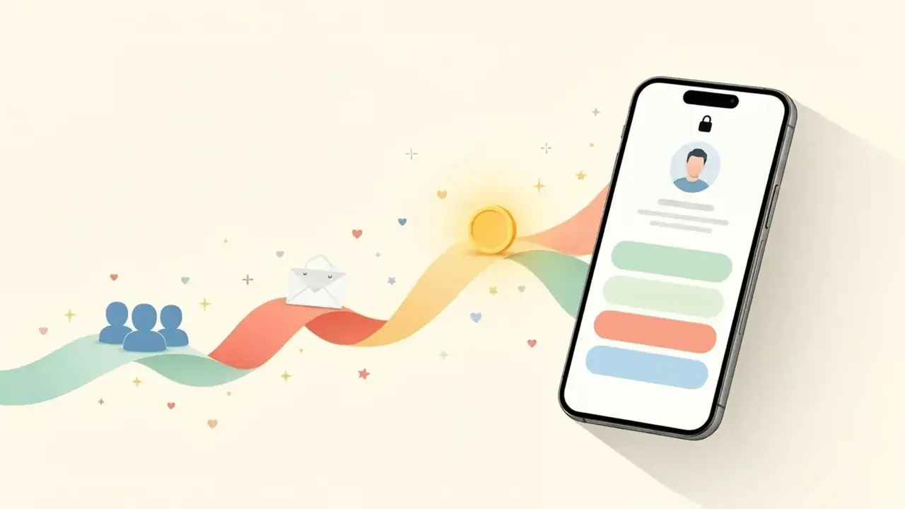 Soft pastel illustration of a marketing funnel with social icons flowing in from the top and a smartphone bio link page with a Buy Now button at the bottom, surrounded by golden coins