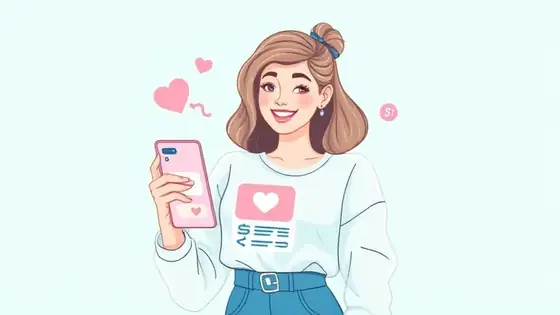 Soft pastel illustration of a smiling influencer holding a phone showing a colorful MiniMyWay link-in-bio page with floating heart and dollar coin icons
