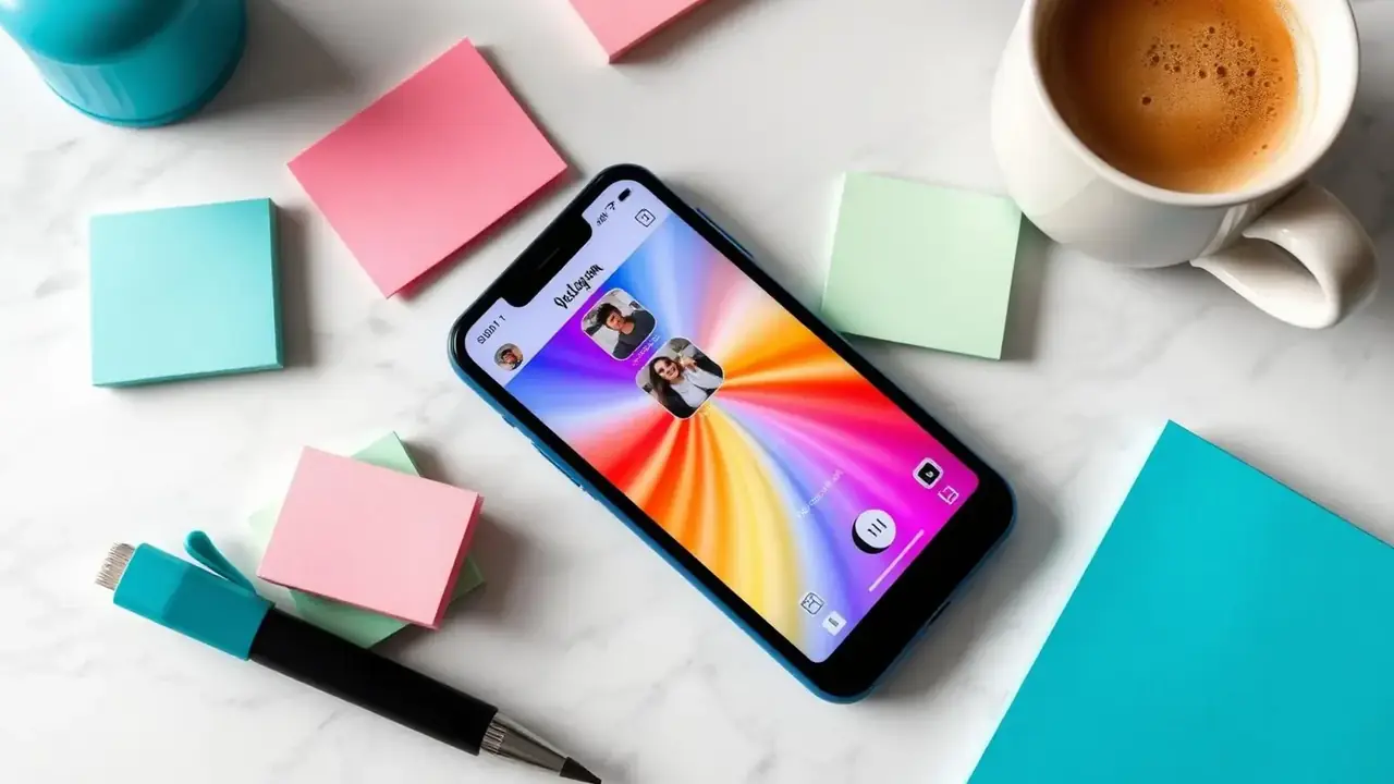 iPhone showing an Instagram profile on a bright, minimal desk with pastel notes and coffee