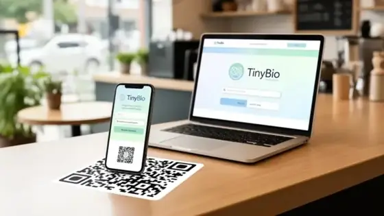 Phone scanning a printed QR code on a small business counter beside a laptop showing a clean MiniMyWay page