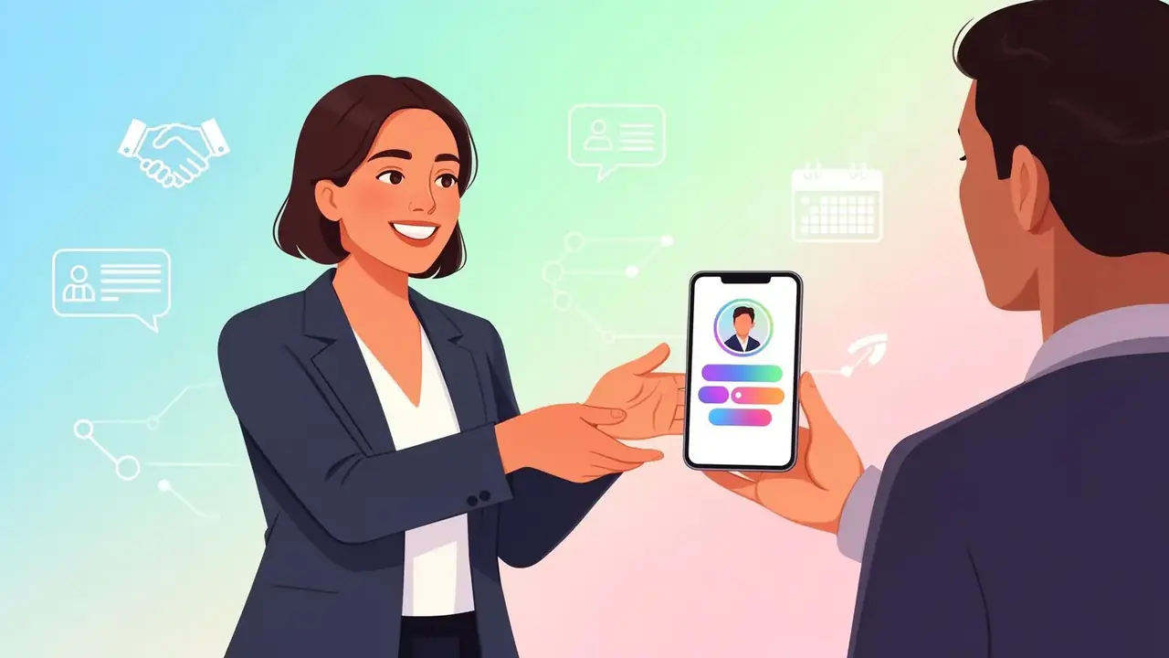 Smiling salesperson in a blazer sharing a smartphone showing a colorful MiniMyWay profile with handshake, contact card, and calendar icons floating around