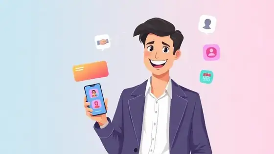 Smiling salesperson in a blazer sharing a smartphone showing a colorful MiniMyWay profile with handshake, contact card, and calendar icons floating around