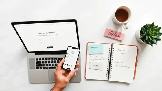 Small business owner's desk with a laptop showing a contact form, smartphone, notebook, and pastel sticky notes