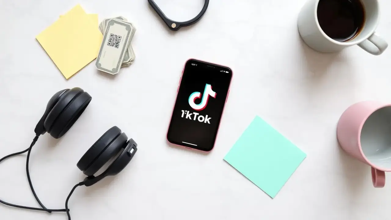 iPhone showing TikTok app on a bright marble desk with cash, headphones, and pastel sticky notes