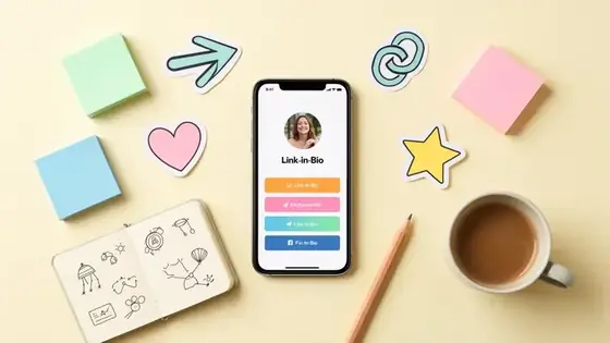 Smartphone showing a colorful link in bio page surrounded by pastel sticky notes, sticker icons, a notebook, and a coffee cup on a soft cream desk