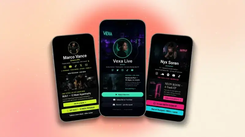 Soft pastel illustration of a smartphone showing a clean link-in-bio page with colored buttons, a large red YouTube play icon above it, floating play bubbles, a subscriber bell, and a small ascending growth chart