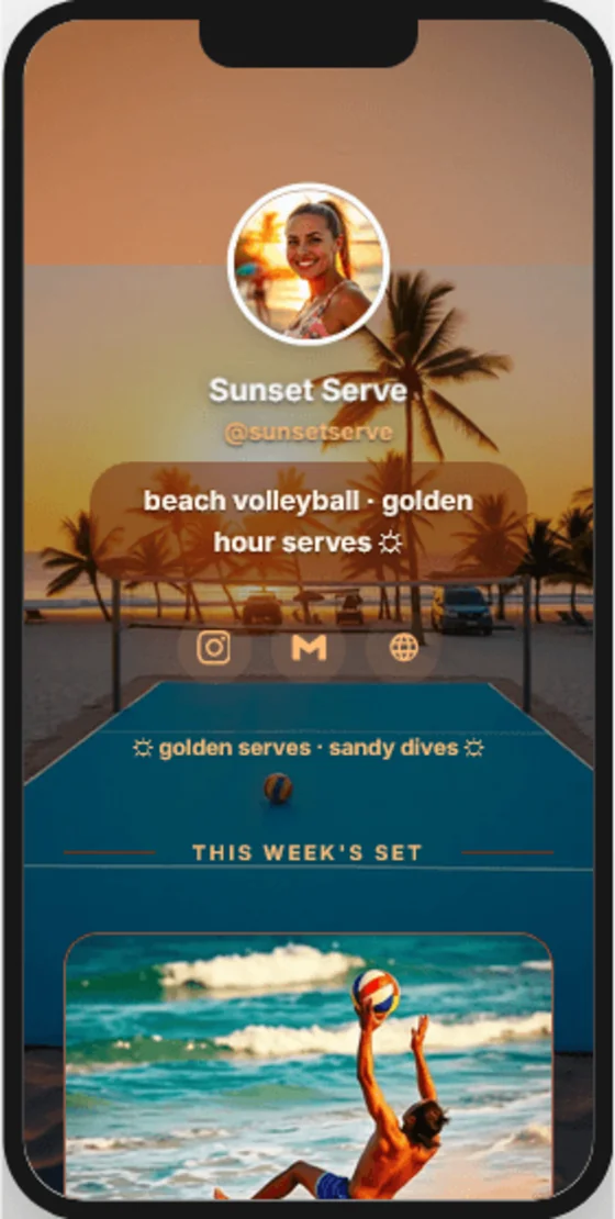 MiniMyWay.com example — Sunset Serve beach volleyball golden hour link-in-bio mini website