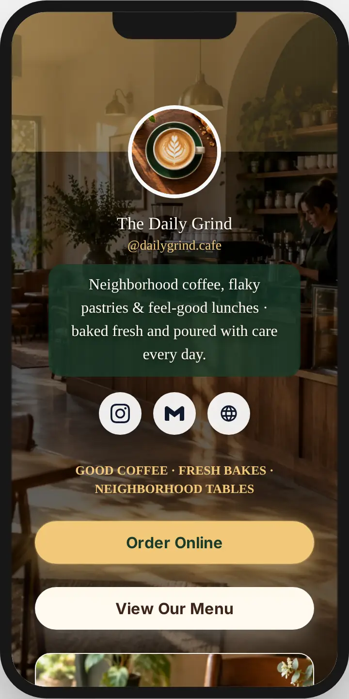 MiniMyWay.com business page example for The Daily Grind neighborhood café