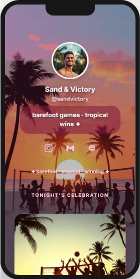 MiniMyWay.com example — Sand & Victory tropical beach volleyball link-in-bio mini website