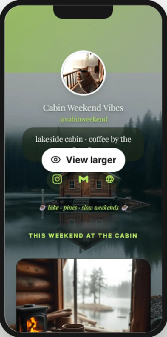 MiniMyWay.com example — Cabin Weekend Vibes lakeside cabin link-in-bio mini website