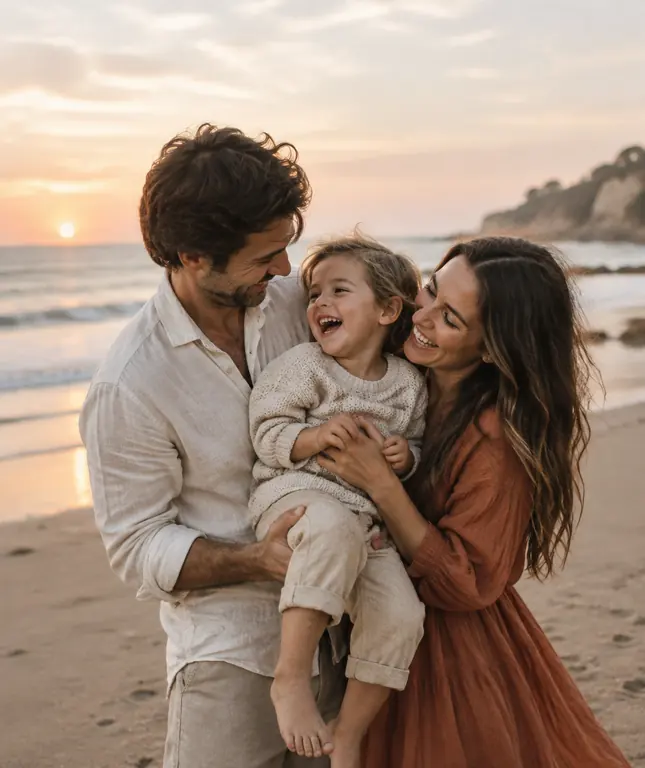 Family laughing together at the beach