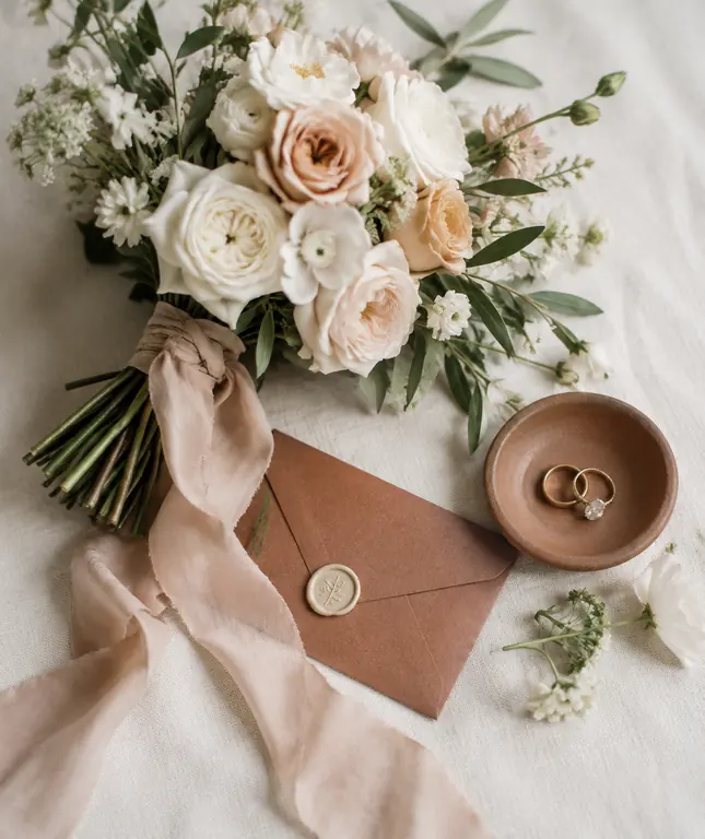 Wedding bouquet and rings on linen