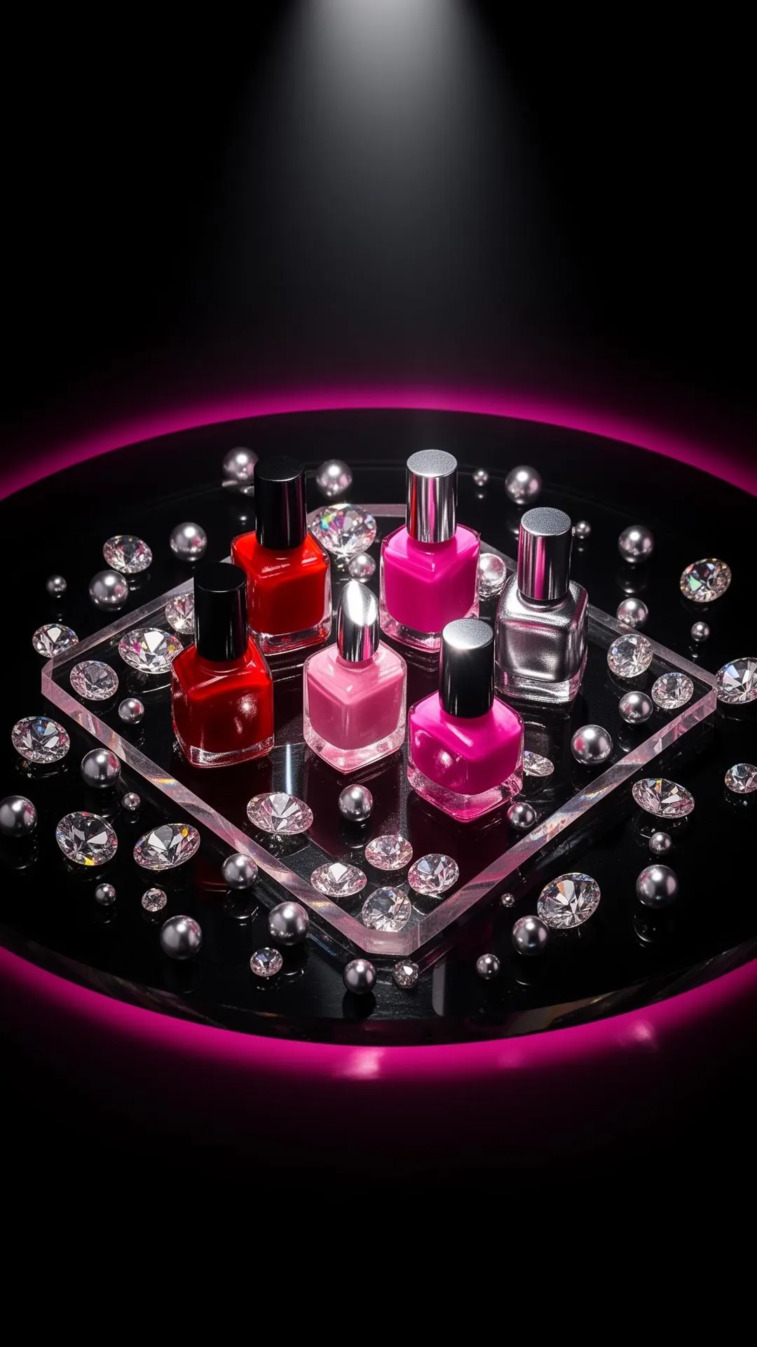 Lacquer theme — nail artist link in bio with bold pink accent